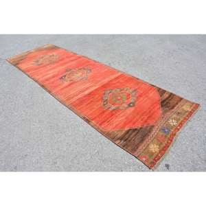 Alfombra turca Vintage rojo marrón 3,8X11,9 pies diseño de retazos de lana de área grande para pasillo o dormitorio con respaldo de látex - Product Image 3