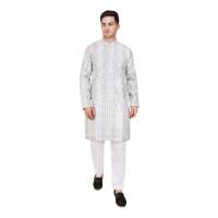 Ensemble Kurta Pajama en Soie Artisanale de Designer | Tenue ethnique indienne traditionnelle brodée en satin à manches longues pour homme, coupe classique