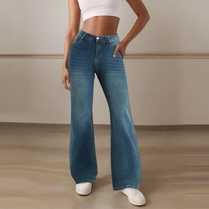 Pantalones de mezclilla lavados de diseño acampanado de algodón 100% Premium para mujer, transpirables con estilo personalizado con decoraciones de lazo y encaje - Product Image 6