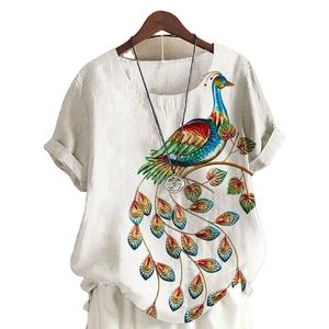 Women's New Fashion Summer Peacock Print Short Sleeve t Shirt Casual <b>White</b> Shirt <b>White</b> Color Loose Casual Plus Size Breathable - Product Image 1