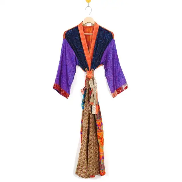 Vintage Zijden Saree Gemaakt Vrouwen Nachtkleding Nachthemd Kimonos Gewaden Voor Strandkleding Indoor Bloemenprint Zijden Kimono Badjas