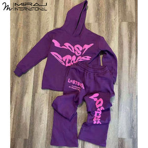 Ensemble de survêtement en coton deux pièces personnalisé pour hommes, sweat à capuche évasé respirant, pantalon de survêtement, broderie imprimée, motif uni, automne - Product Image 4