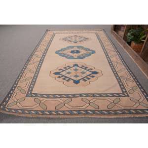 Tapis turc 4x6,6 pieds, marron bleu à pois, tapis vintage en laine - Product Image 1