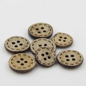 Großhandel 10mm ~ 38mm Runde einfache traditionelle gepunktete Linie benutzer definierte Logo 4 Löcher Brown Nature Coconut Button für Kleidungs stück