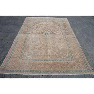 6.2x9.2 ft Rug, Vintage Turkish Rug, <b>Brown</b> Bordered <b>Wool</b> Rug - Product Image 1