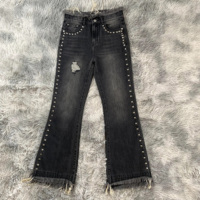 SALVA IMPEX Pantalon évasé pour femme, coupe ajustée, 100% Coton, délavé à l'acide, orné de strass et de patchs, respirant, écologique