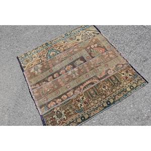 Tapis turc vintage de grande surface 3.4x3,1 pieds classique Beige bleu Patchwork Design laine Latex forme rectangulaire pour couloir chambre - Product Image 2