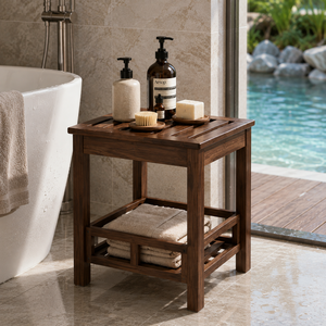 Solid Teak Wood Outdoor Side Table with Lower Shelf for <b>Bathroom</b> Spa Poolside Patio Villa Resort <b>Furniture</b> Indonesia - Product Image 2
