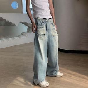 Pantalon en jean baggy pour homme personnalisé, pantalon droit délavé, taille basse, lavage clair, motif uni, respirant pour le printemps - Product Image 4