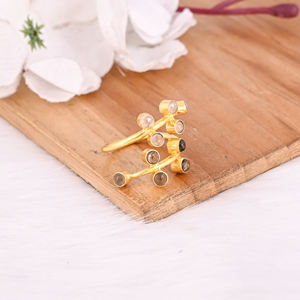 Bague en argent sterling massif 925 fumé et cristal avec pierres précieuses faites à la main Boho Designer Anniversaire Cadeau Bijoux plaqués or jaune - Product Image 3