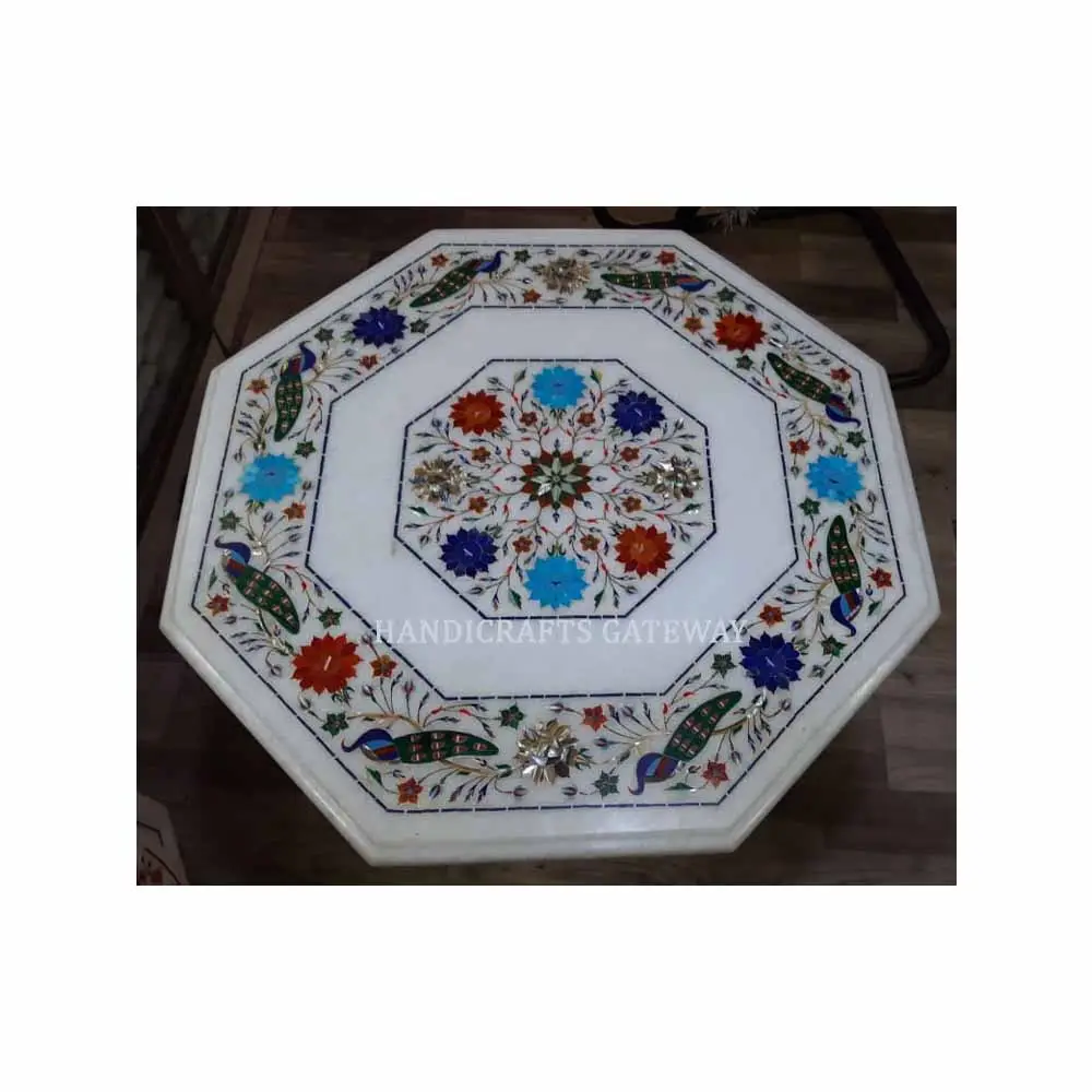 New Floral Design Inlay Work And Wedding Dinner Decoration Of Octagonal Shape Hand Marble Inlay Dinning Table Top Of Manufacture