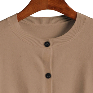 Womens Solid Beige Knit <b>Cardigan</b> <b>Sweater</b> Long Sleeve Button Front Round Neck Casual Chic Tops For Office Daily Wear Easy Style - Product Image 3