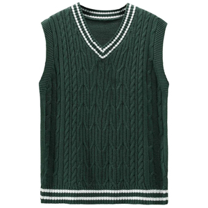 Gilet en tricot tendance en coton pour hommes, col en V personnalisé, style coréen, uni, rayé, pull - Product Image 1