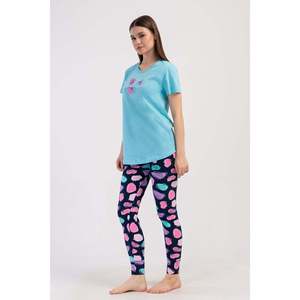 Conjunto de pijama KADIN LYC SUPREM O YAKA KISA KOL BLUZU UZUN ETEGI OVAL MANSETLI TAYT - Turquesa - Turquesa - Product Image 2