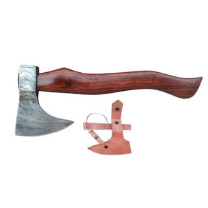 Hache de camping robuste en acier de Damas, tête en acier à motif artisanal avec manche long en bois massif pour le bushcraft en plein air - Product Image 2