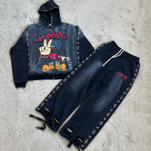 ชุดวอร์มกางเกงแบบมีฮู้ดสำหรับซัก2ชิ้นชุดวอร์มวินเทจสีพื้นแบบเรียบของเฮฟวี่เวทกำหนดได้เองชุดวอร์มสำหรับไซส์ใหญ่พิเศษเป็นมิตรต่อสิ่งแวดล้อม - Product Image 3