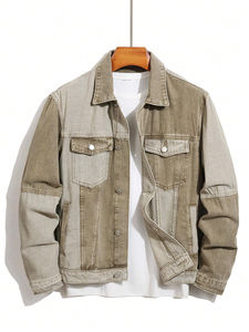 Veste en jean à panneaux de couleur unie pour hommes, veste en jean vintage à manches longues avec bouton de poche avant et personnalisation complète - Product Image 1