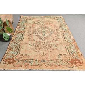 Alfombra de lana de retazos verde beige clásica, diseño Aubusson turco de 5,2x8,7 pies para sala de estar, pasillo de noche con respaldo de látex - Product Image 4