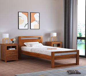 Lit simple en teck moderne avec tête de lit minimaliste à cadre ouvert, disponible à prix de gros. - Product Image 1