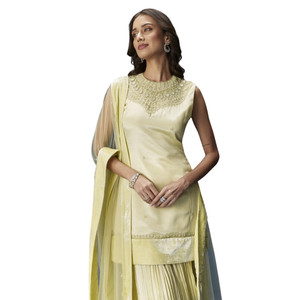 Set Chinon Kurta Beige chiaro con cuttdana e paillettes Dupatta abito Sharara tradizionale per gli invitati al matrimonio - Product Image 6