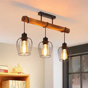 โคมไฟเพดานวินเทจ 3-E27 สีดำ โคมไฟไม้สำหรับห้องนั่งเล่น ปรับความสูงได้ แสงสีขาว 4000K รูปทรงยาว สีดำ โลหะและไม้ - Product Image 6