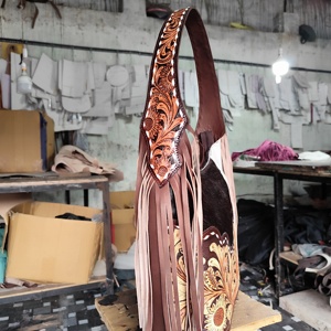 Women's Natural Cowhide Leather Hand Tooled Western Tote Bag Autumn <b>Concealed</b> Carry Zipper Eco-Friendly Tassel Flower - Product Image 3