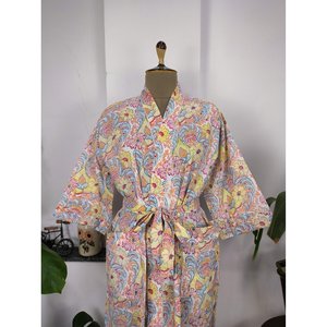 Boho-Hausrobe Indischer Handbedruckter Baumwollkimono Mit Lebendigen Blten Perfekt Fr Den Sommer Luxurise Strandferien Plus - Product Image 4