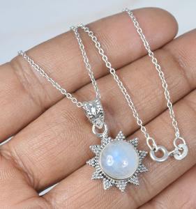 ของขวัญสำหรับเธอสีรุ้งมูนสโตน925สเตอร์ลิงเงินจี้โซ่พลอยห่วงโซ่ทรงกลมผลิตในเดือนจูเน - Product Image 2