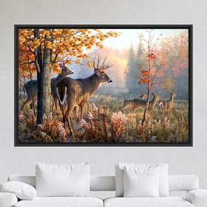 Toile élégante avec imprimé famille de cerfs dans la forêt pour la décoration du salon, 1P : encadrée en noir - Product Image 1