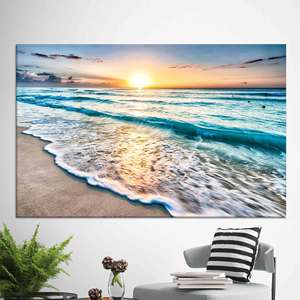 Lienzo Elegante con Estampado de Olas Oceánicas: Arte de Playa con Amanecer Costero, Lienzo Enrollado - Product Image 1