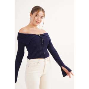 Blouse en tricot bleu marine avec fermeture éclair intégrale et col, style Madonna, design décontracté, vente en gros - Product Image 3