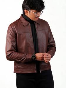 <b>Mens</b> Brown Leather <b>Jacket</b> Real Lambskin Stand Collar Breathable Zip Casual <b>Trucker</b> Style Fall Winter Outerwear Fashion - Product Image 3