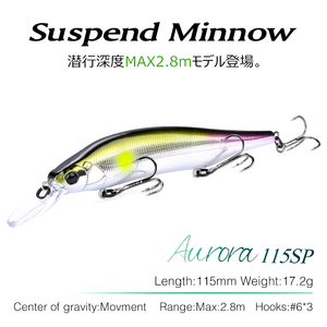 เหยื่อปลอมแบบจมน้ำ 115 มม. 17.2 กรัม ระบบถ่วงน้ำหนักทังสเตน AURORA 115sp สำหรับตีไกล ตกปลาไพค์ เจิร์คเบท เหยื่อแข็ง - Product Image 5