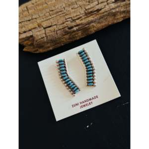 Boucles d'oreilles pendantes Zuni faites à la main en turquoise de Kingman et argent sterling, design géométrique - Product Image 4