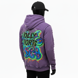 Premium cotton fleece hoodie in purple wash with distressed detailing vibrant screen print graphic and custom logo Basics Hoodie - Product Image 3