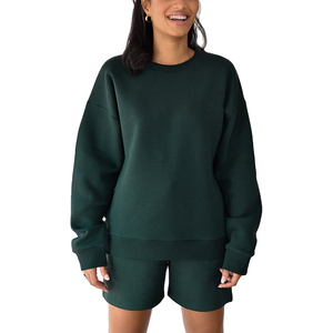 ชุดสเวตเชิ้ตคอกลม2ชิ้นลำลองสำหรับผู้หญิงชุดกางเกงขาสั้นเหนือเข่าผ้าถักโพลีเอสเตอร์ระบายอากาศได้ดีสำหรับฤดูหนาว - Product Image 1