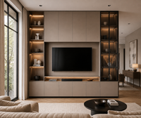 Unit TV Dinding Minimalis Modern KEJIA dengan Lampu LED Matte Taupe, Kabinet TV Media Terintegrasi, dan Display Kaca
