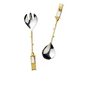 Ensemble de couverts de service pour salade en acier doré de designer exclusif, cuillère et fourchette, manche en bois, caractéristique durable, pour la maison, les hôtels, couverts miroir - Product Image 3