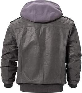 Chaqueta de motorista lavada con ácido clásica para hombre, cuero genuino personalizado y lona, estilo de cuello levantado de tendencia superior - Product Image 2