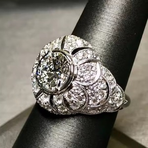 14K oro blanco Deco antiguo europeo festoneado cóctel anillo 2CT Lab Grown Diamond Dome compromiso corte bisel ajuste para boda - Product Image 6