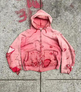 HG2000 OEM Double Zip Patch Vintage Y2K Hiver Sun Faded Streetwear Oversize Distressed Zip Up Acid Wash Hoodie - Product Image 3