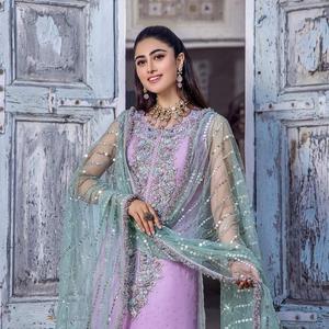 Vestido Punjabi de Salwar Kameez de seda bordado azul claro hecho a mano de la colección India pakistaní - Product Image 4