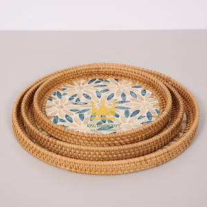 Vietnam Handmade Rattan <b>Wicker</b> Trays <b>with</b> Mother of Pearl Inlay MDF Base and Insert <b>Handle</b> for Fruit Serving - Product Image 2
