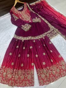 Belle couleur indien pakistanais soie mariage Kurti Sharara Dupatta Kameez fête porter des robes robe pour adultes - Product Image 2