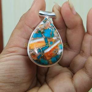 Pendentif en forme de larme en argent sterling 925 avec mosaïque de nacre et de turquoise, bijoux faits à la main - Product Image 4