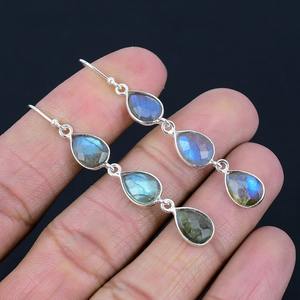 Boucles d'oreilles pendantes simples et tendance en labradorite, bijoux de créateur pour femme en argent sterling 925 massif, cadeau de mariage - Product Image 4
