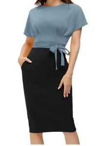 Vestido de trabajo de oficina de verano para mujer con cintura curva, vestido ceñido al cuerpo de crepé con logotipo frontal, vestido con cinturón y bolsillo - Product Image 2