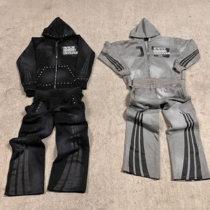 Ventes en gros de survêtements personnalisés de style streetwear avec strass, fermeture éclair, lavage à l'acide, vintage, 100% coton, pantalon de survêtement ample et ensemble de sweat-shirt évasé - Product Image 1