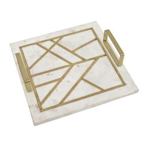 Plateau de service alimentaire en marbre massif de forme carrée avec poignées en métal Plateau en marbre pur fait à la main de dernière conception à un prix abordable - Product Image 1