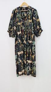 Hecho a mano verano Casual Animal estampado Floral Midi Mini vestido suelto selva largo bloque diseño cuello profundo cadena cierre Natural - Product Image 3